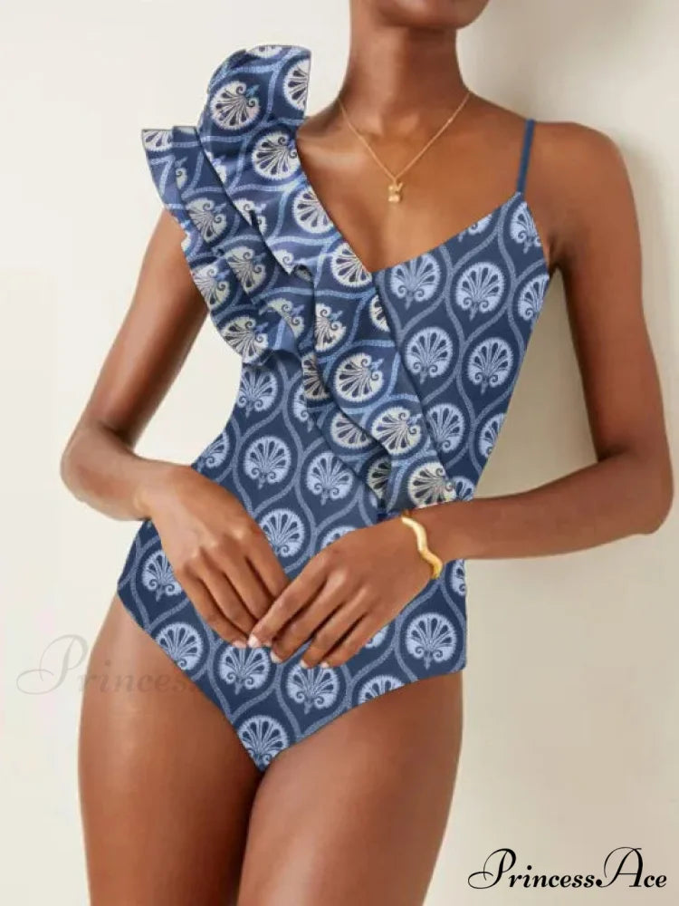 Printed Deep V One Piece Swimsuit Blue / S onepiece-250223