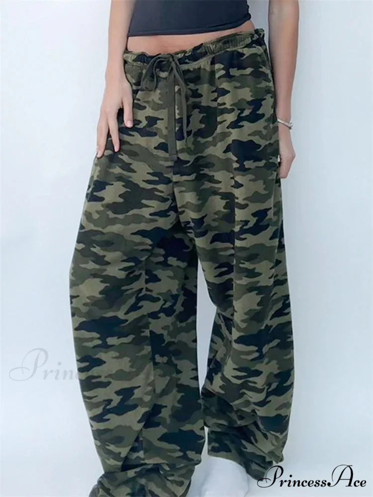 Printed Elastic Low Waist Wide Leg Trouser GREEN / S pant-250223