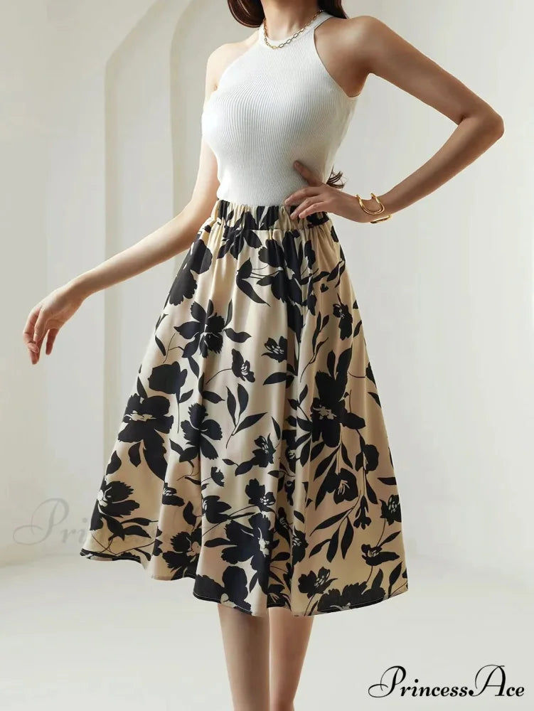 Printed Elastic Waist Below Knee A-Line Skirt skirt-250126