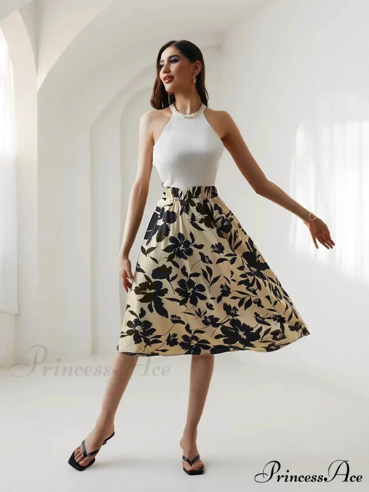 Printed Elastic Waist Below Knee A-Line Skirt skirt-250126