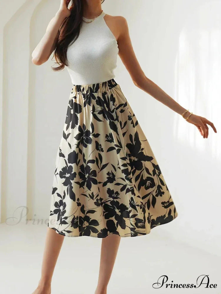 Printed Elastic Waist Below Knee A-Line Skirt skirt-250126