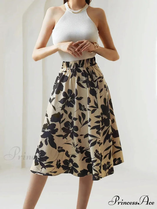 Printed Elastic Waist Below Knee A-Line Skirt Black / S skirt-250126