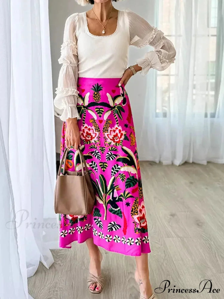 Printed Flared Skirt Flora Zipper Spring Summer Style Skirt skirt-250126