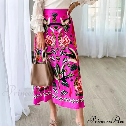 Printed Flared Skirt Flora Zipper Spring Summer Style Skirt Rose / S skirt-250126