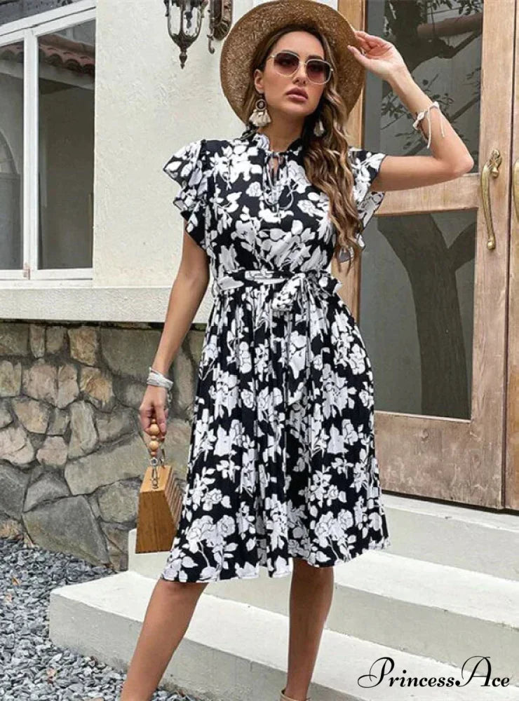 Printed Flounce Dress with Pleats