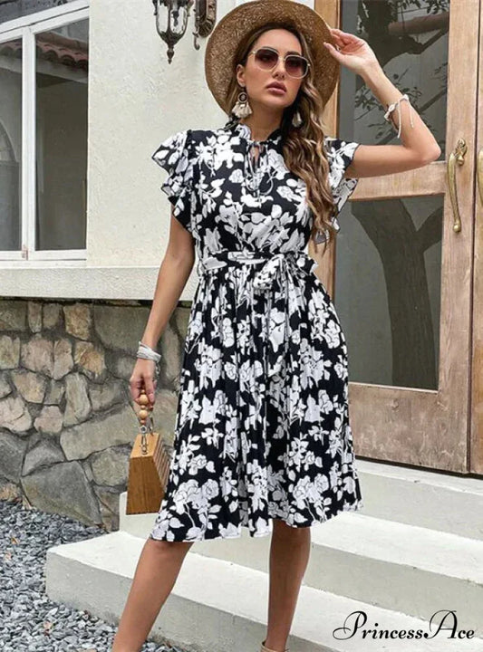 Printed Flounce Dress with Pleats