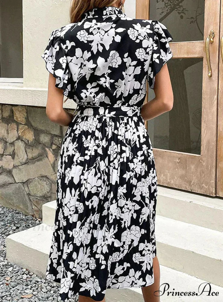 Printed Flounce Dress with Pleats