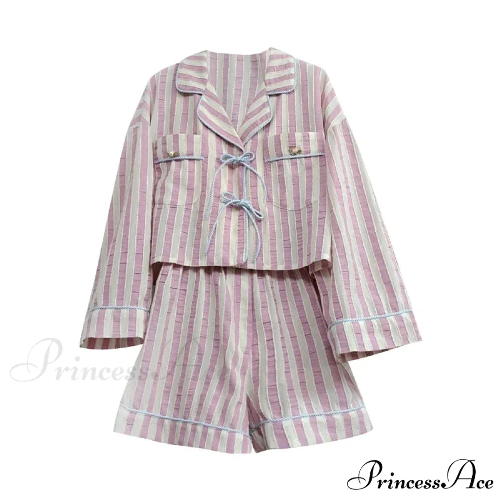 Printed Front Tie Up Graceful Bowknot Blouse and Shorts Set D / S
