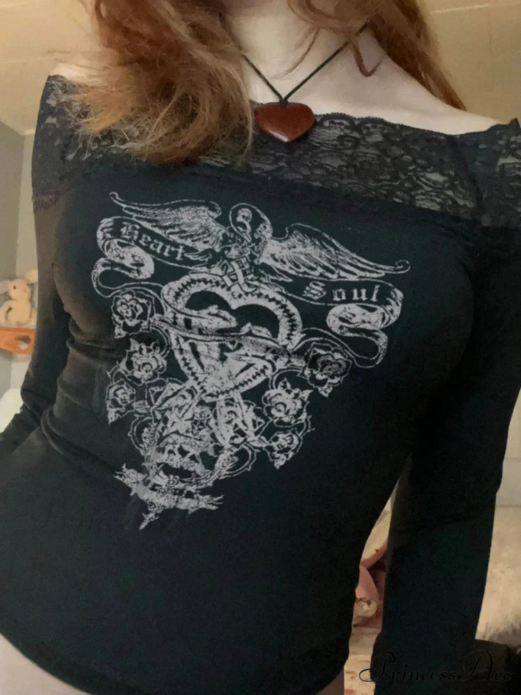 Printed Lace Trim Antique Deep Slim Slash Neck Extended Sleeve Knit Top Black / S knittop-250126