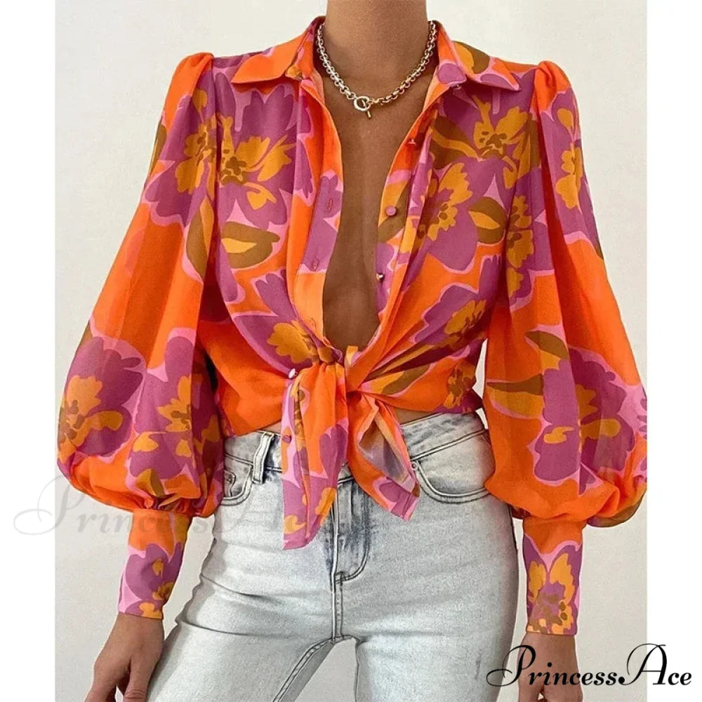 Printed Lantern Sleeve Antique Floral Button Long Sleeve Blouse blouse-250126