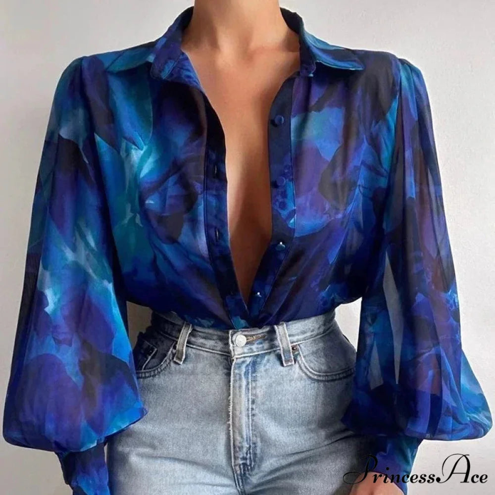 Printed Lantern Sleeve Antique Floral Button Long Sleeve Blouse blouse-250126