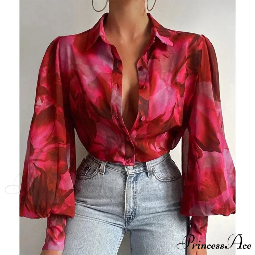 Printed Lantern Sleeve Antique Floral Button Long Sleeve Blouse blouse-250126