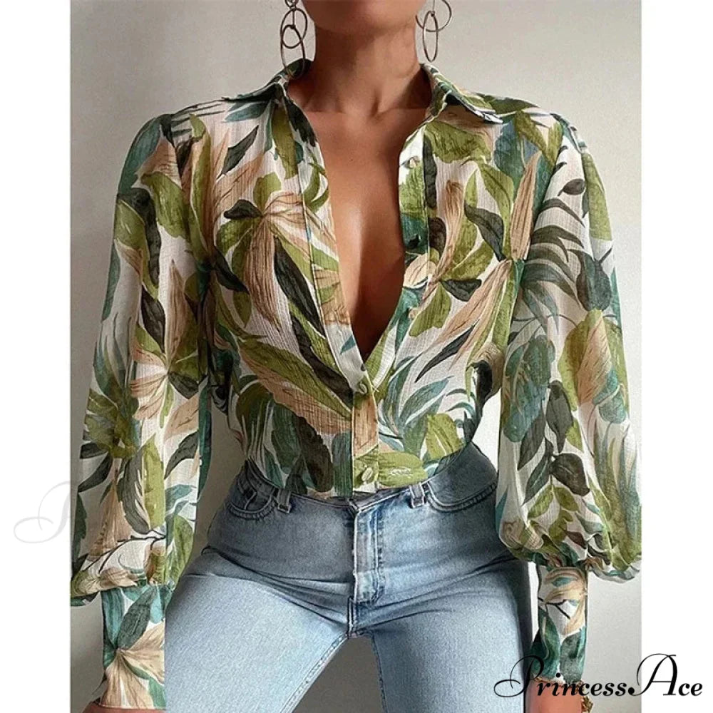 Printed Lantern Sleeve Antique Floral Button Long Sleeve Blouse blouse-250126