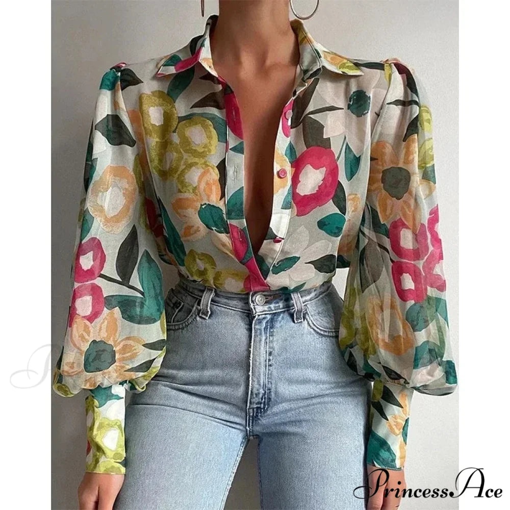 Printed Lantern Sleeve Antique Floral Button Long Sleeve Blouse blouse-250126