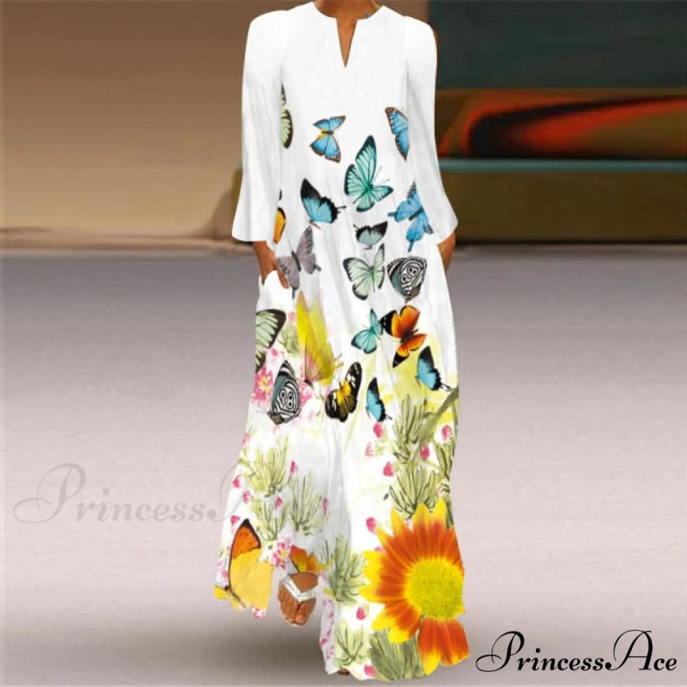 Printed Long Pocket Sexy V-neck Long Sleeve Dresses