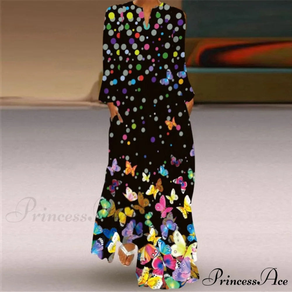 Printed Long Pocket Sexy V-neck Long Sleeve Dresses black 1 / S