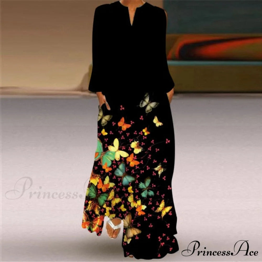 Printed Long Pocket Sexy V-neck Long Sleeve Dresses black 2 / S