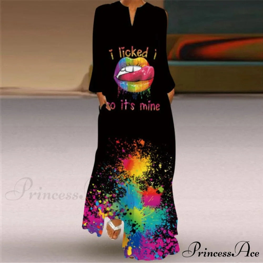 Printed Long Pocket Sexy V-neck Long Sleeve Dresses colorful 1 / S