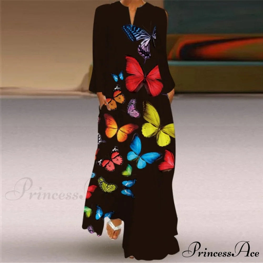 Printed Long Pocket Sexy V-neck Long Sleeve Dresses colorful 2 / S