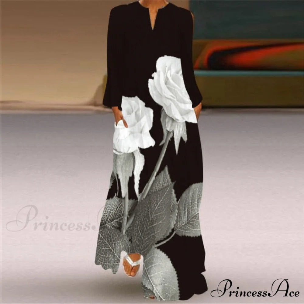 Printed Long Pocket Sexy V-neck Long Sleeve Dresses grey / S