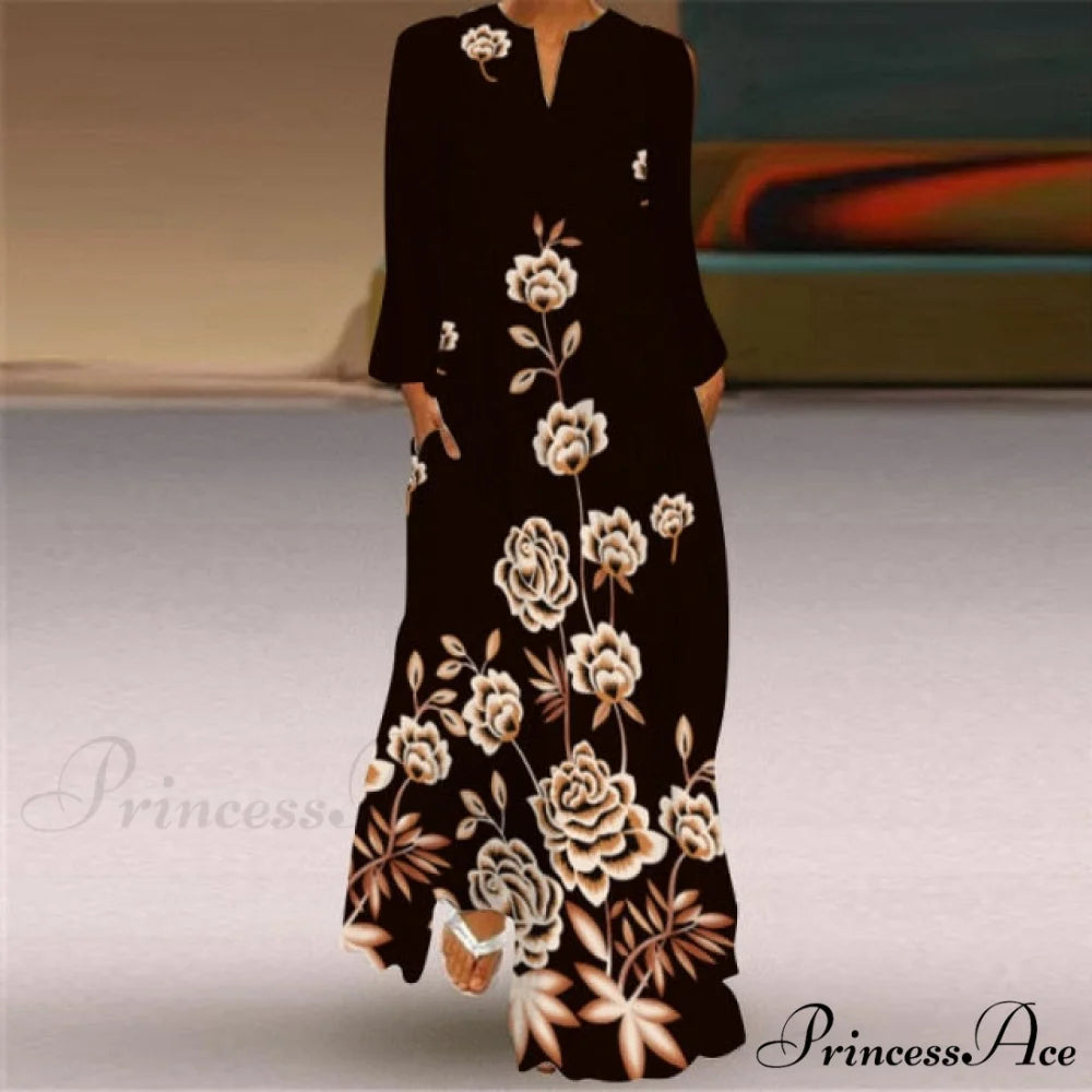 Printed Long Pocket Sexy V-neck Long Sleeve Dresses khaki / S