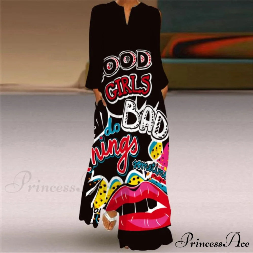 Printed Long Pocket Sexy V-neck Long Sleeve Dresses pink / S