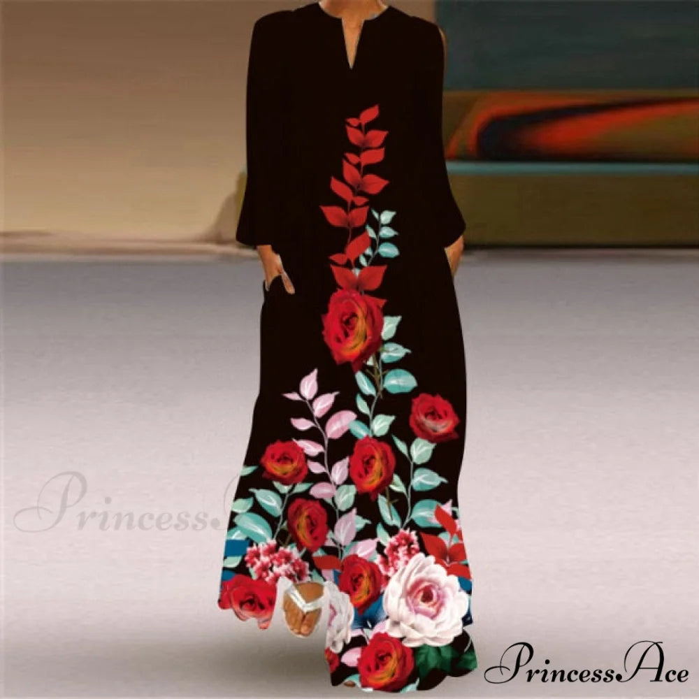 Printed Long Pocket Sexy V-neck Long Sleeve Dresses red / S