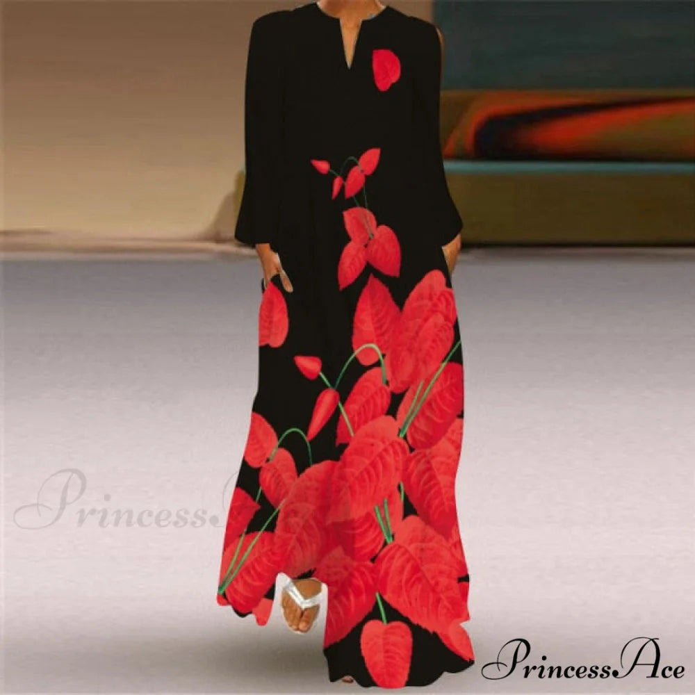 Printed Long Pocket Sexy V-neck Long Sleeve Dresses rose red / S