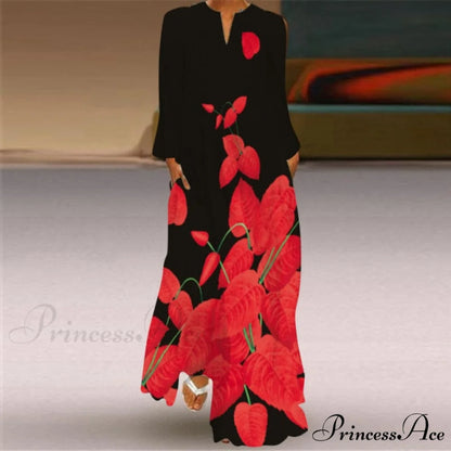 Printed Long Pocket Sexy V-neck Long Sleeve Dresses rose red / S