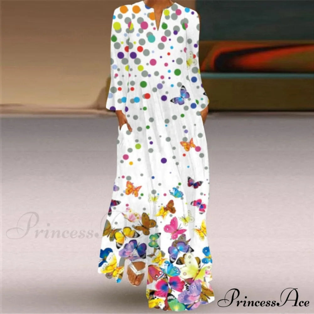 Printed Long Pocket Sexy V-neck Long Sleeve Dresses white 1 / S