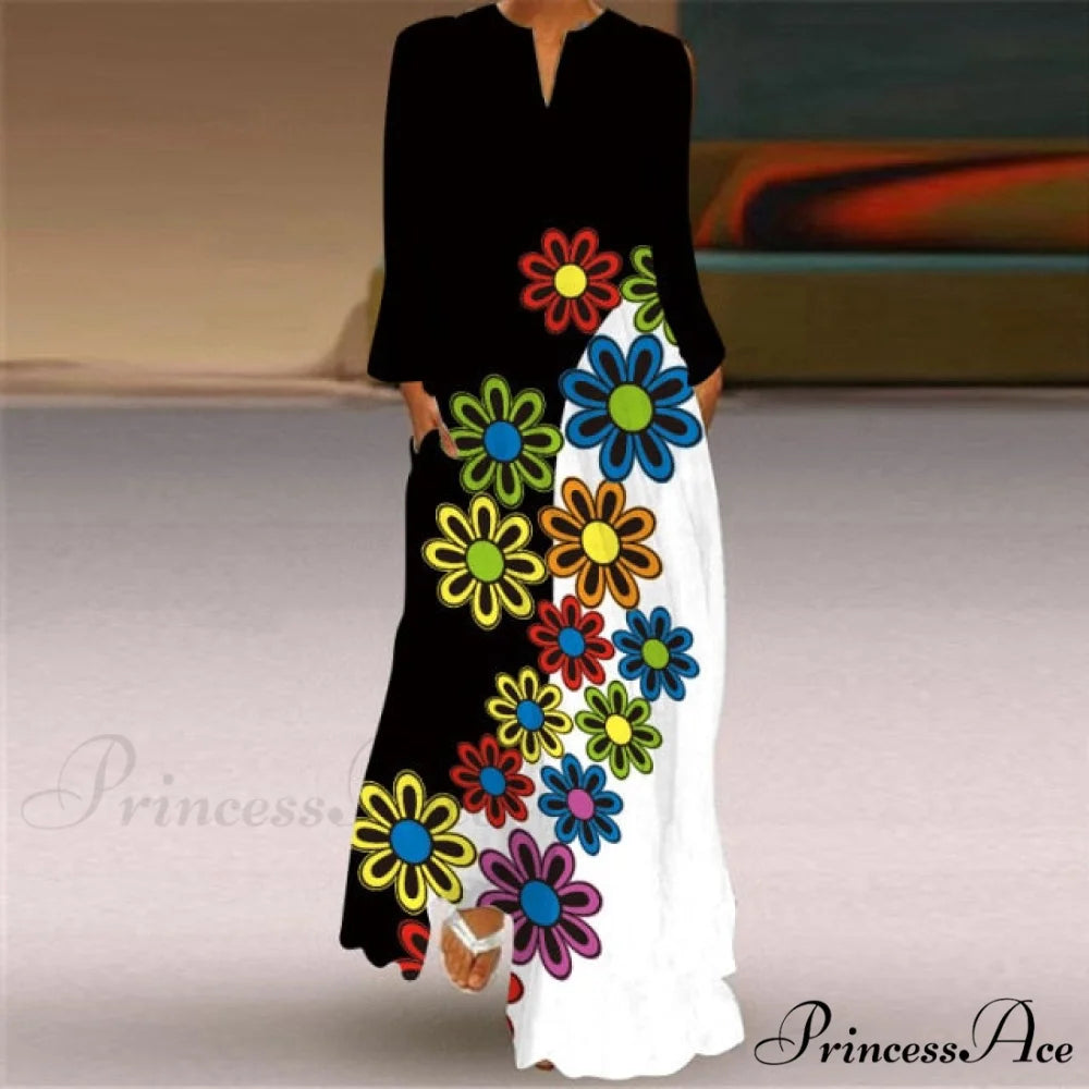 Printed Long Pocket Sexy V-neck Long Sleeve Dresses white 2 / S