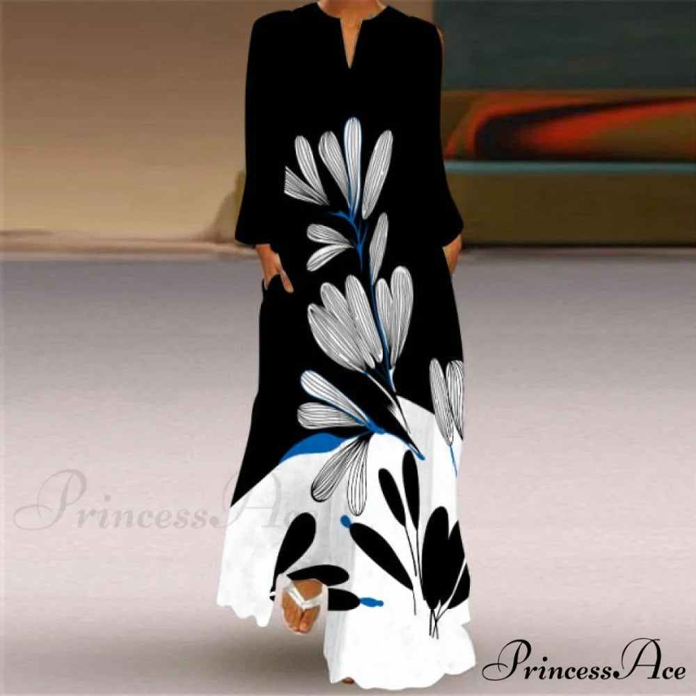 Printed Long Pocket Sexy V-neck Long Sleeve Dresses white 3 / S