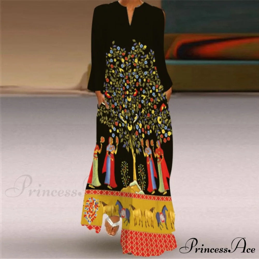 Printed Long Pocket Sexy V-neck Long Sleeve Dresses yellow / S