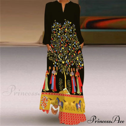 Printed Long Pocket Sexy V-neck Long Sleeve Dresses yellow / S
