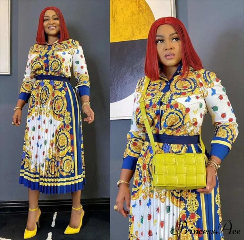 Printed Long Sleeve Fashion Dresses Blue 2 / S