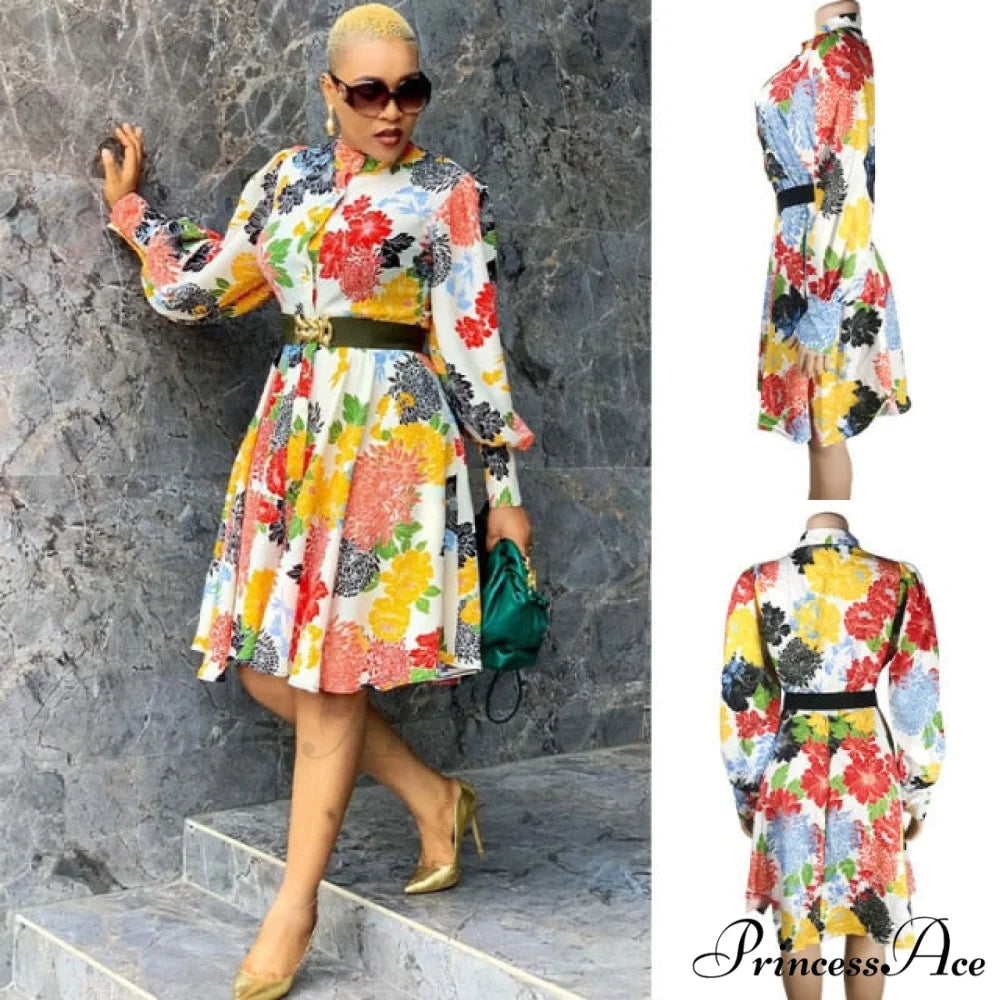 Printed Long Sleeve Fashion Dresses orange / S