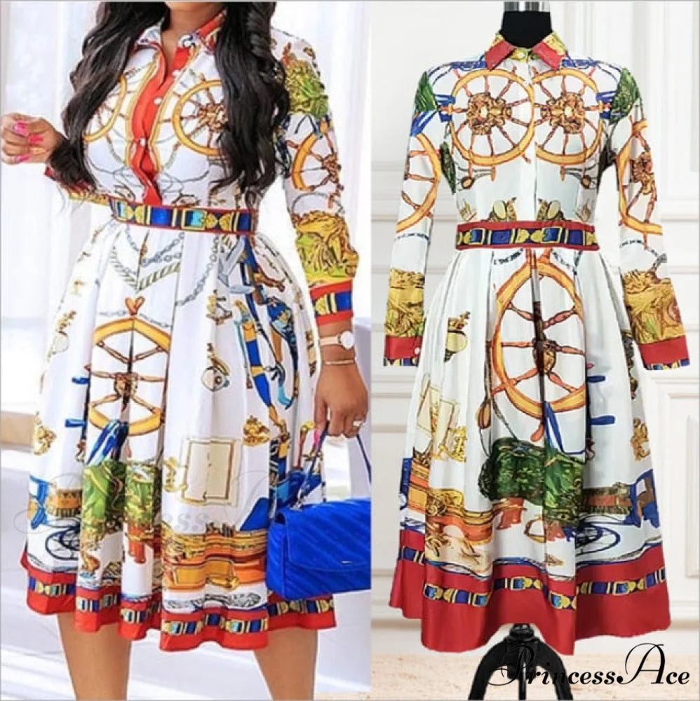 Printed Long Sleeve Fashion Dresses White / S