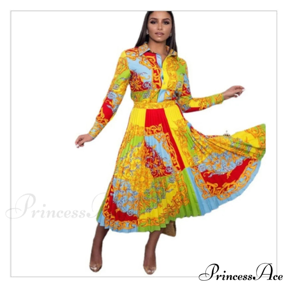 Printed Long Sleeve Fashion Dresses Yellow / S