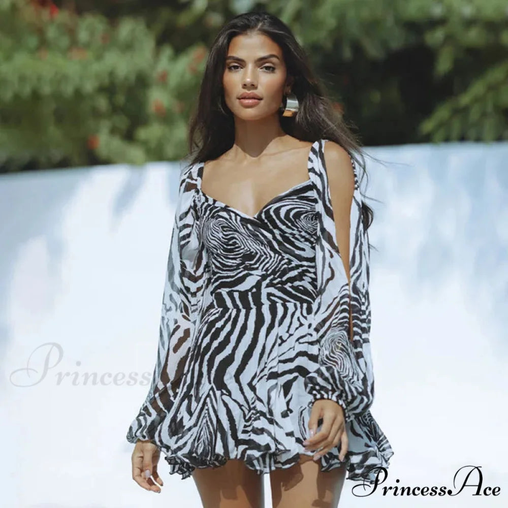 Printed Long Slit Charming Sleeve Mini Dress