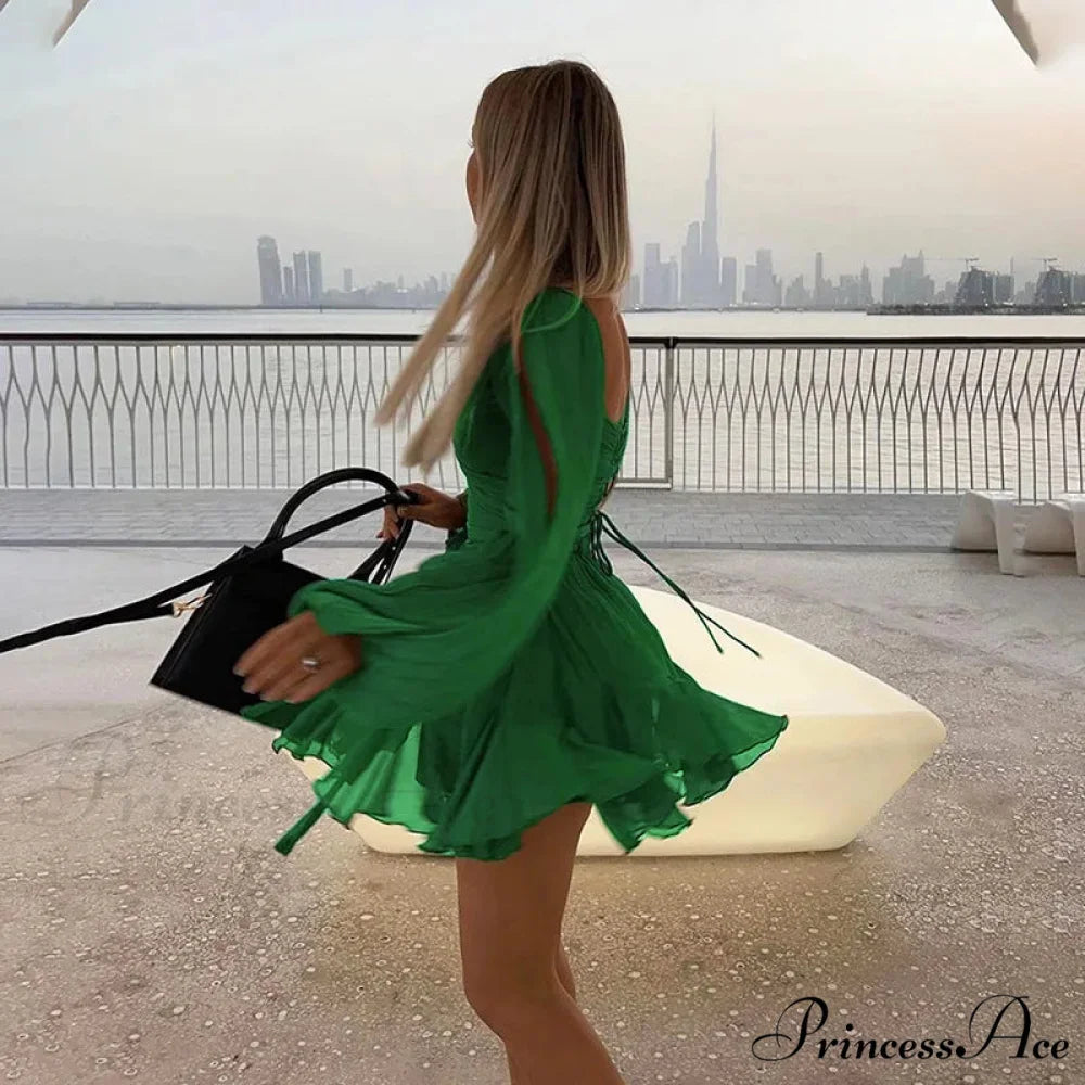Printed Long Slit Charming Sleeve Mini Dress