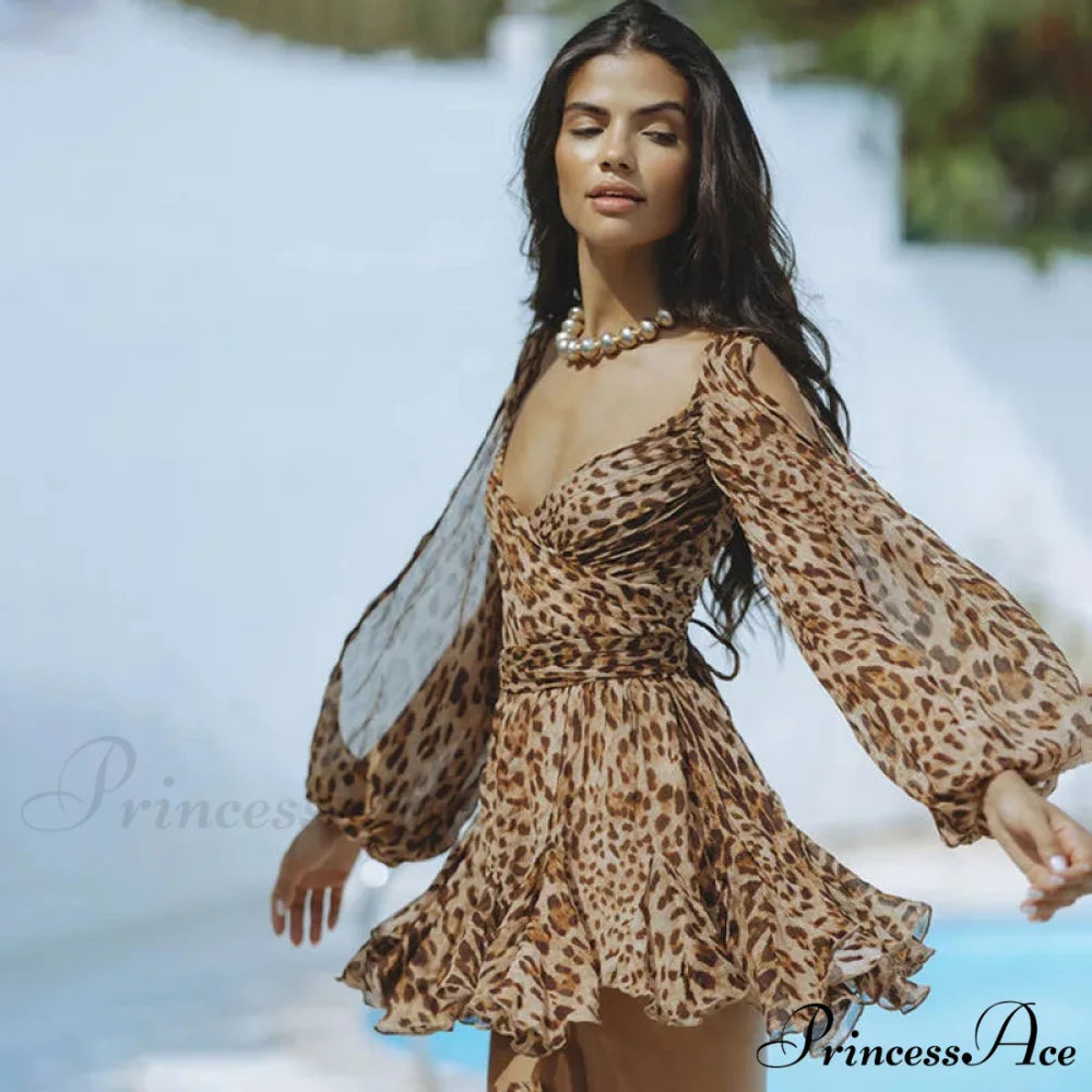 Printed Long Slit Charming Sleeve Mini Dress