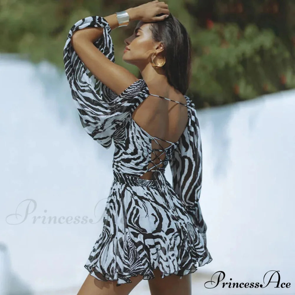 Printed Long Slit Charming Sleeve Mini Dress