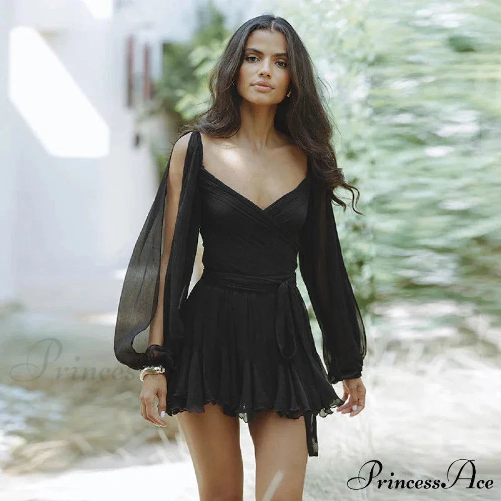 Printed Long Slit Charming Sleeve Mini Dress Black / L