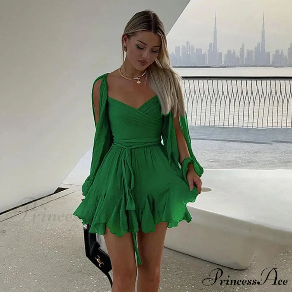 Printed Long Slit Charming Sleeve Mini Dress Green / L