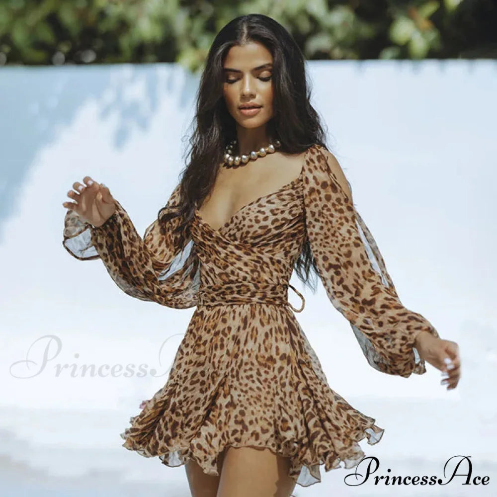 Printed Long Slit Charming Sleeve Mini Dress Leopard Print / L