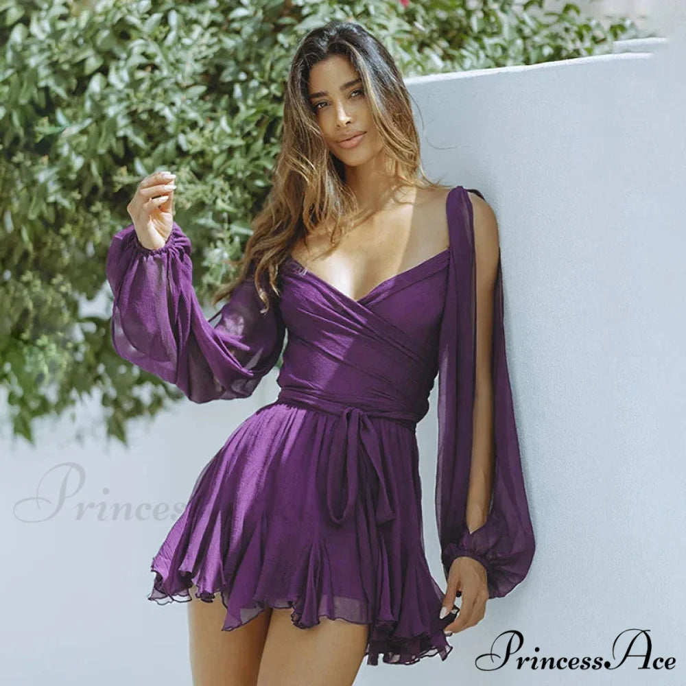 Printed Long Slit Charming Sleeve Mini Dress Purple / L