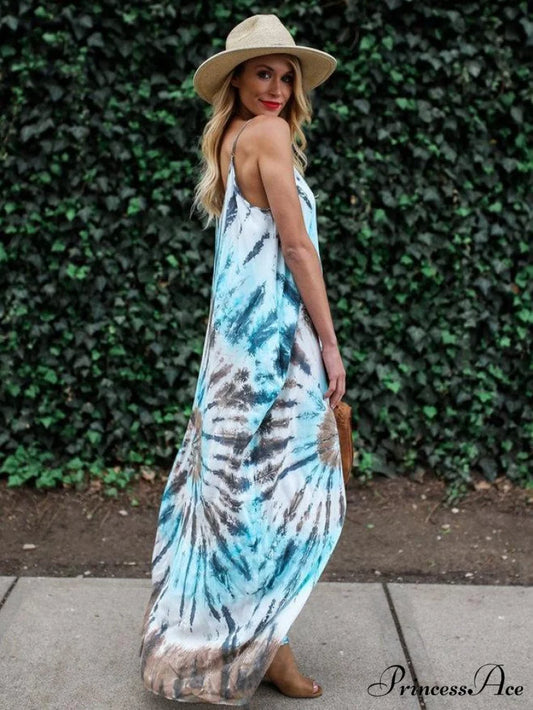 Printed Maxi Dress with Spaghetti Neck for Summer