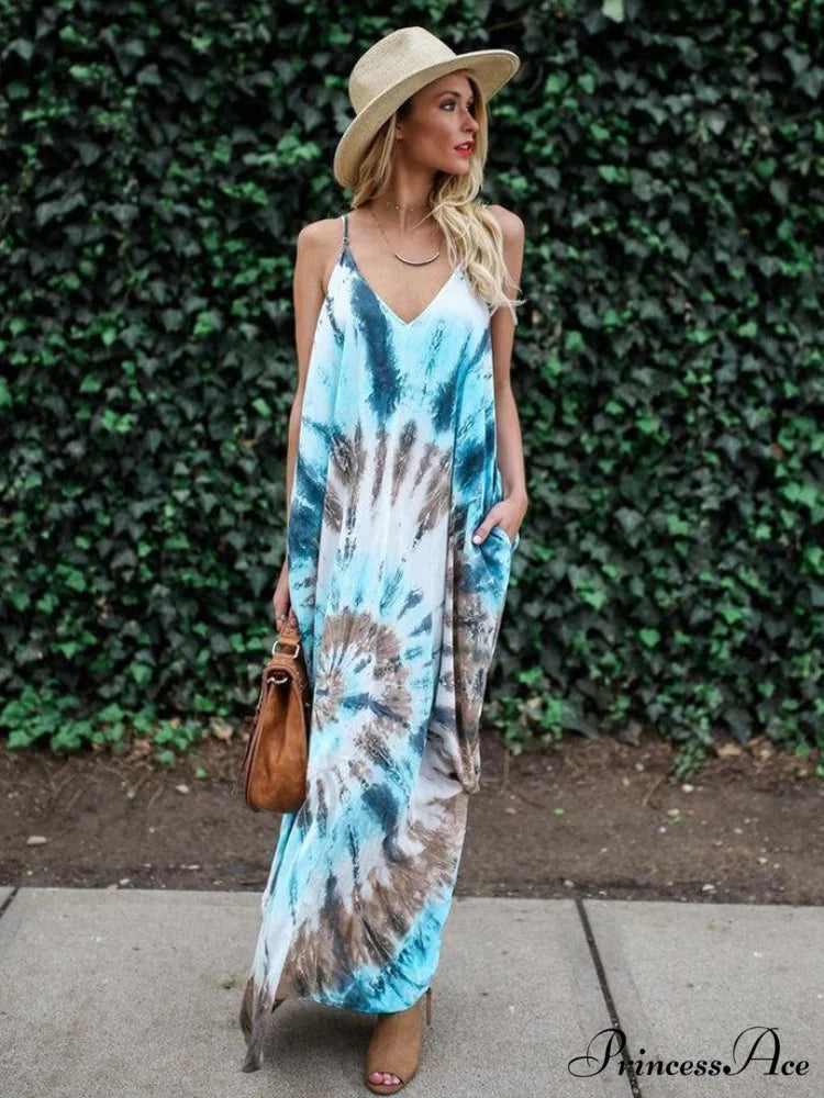 Printed Maxi Dress with Spaghetti Neck for Summer