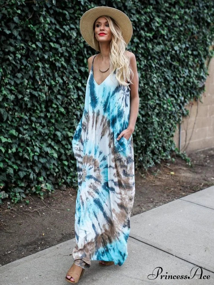Printed Maxi Dress with Spaghetti Neck for Summer