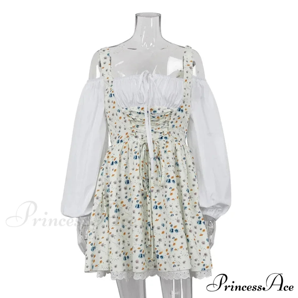Printed Off-shoulder Lantern Charming Sleeve Flare Mini Dress